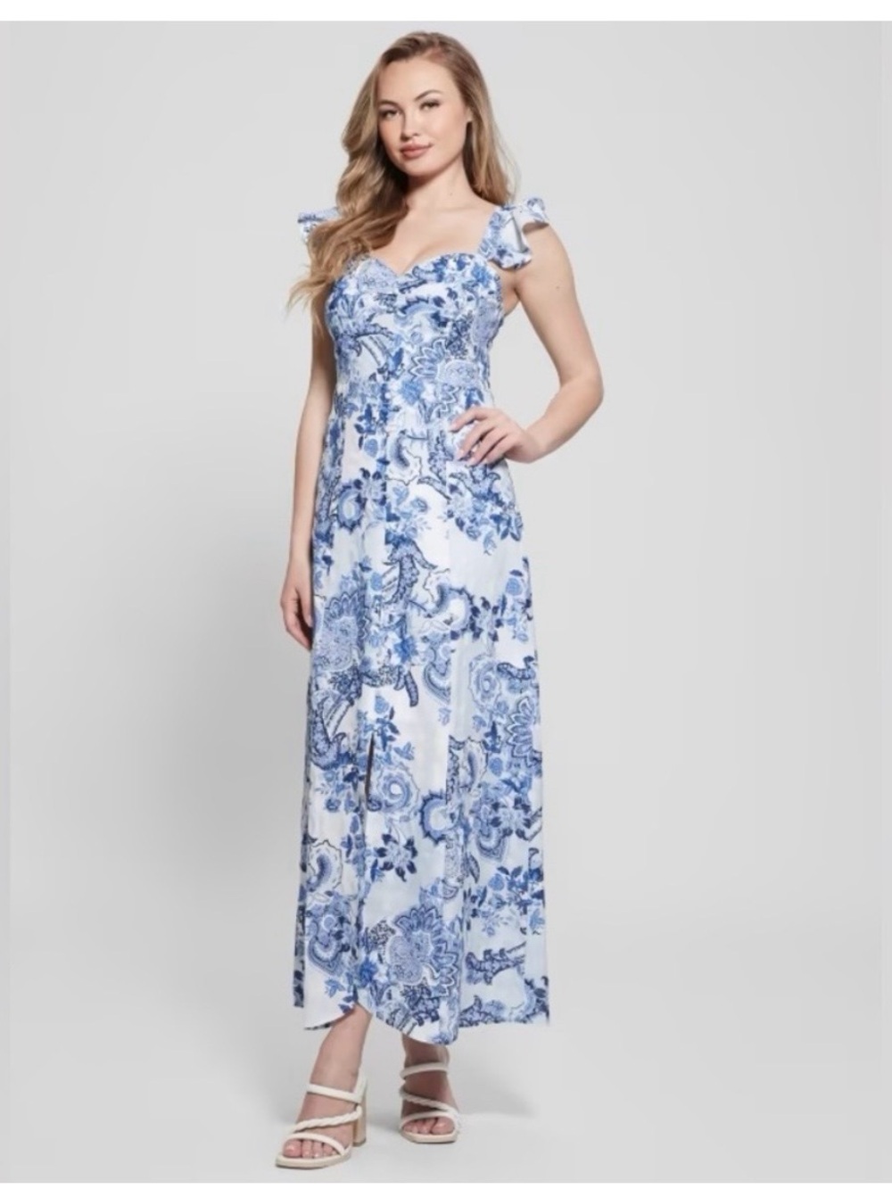 Guess Blue & White Floral Tie-Shoulder Maxi Dress